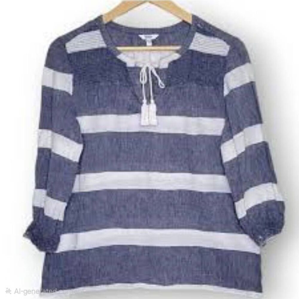 Sonoma Women's Large Navy & White Cotton /Linen Striped Top